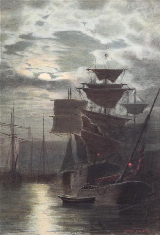 James Thomas Watts (1853-1930) Shipping in harbour under moonlight, 13.5 x 9.5in.